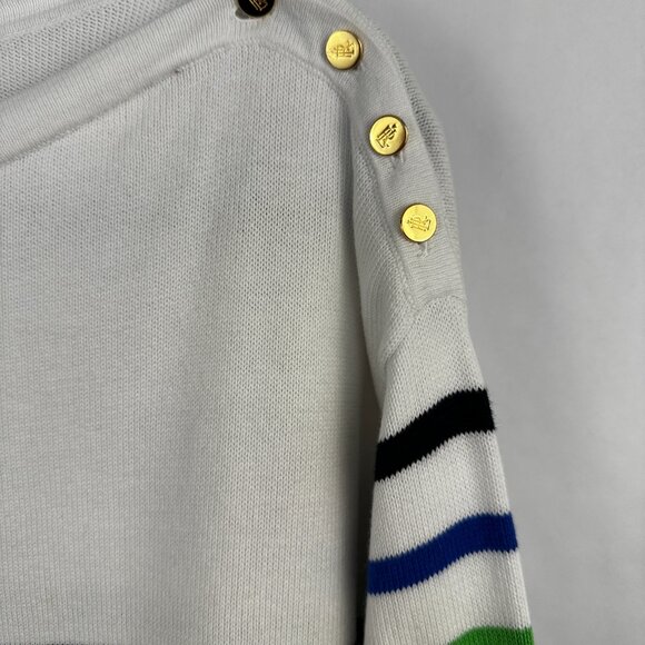 Ralph Lauren Women Sweater White Mulitcolor Rainbow Stripes Gold Buttons Size M - Picture 2 of 7